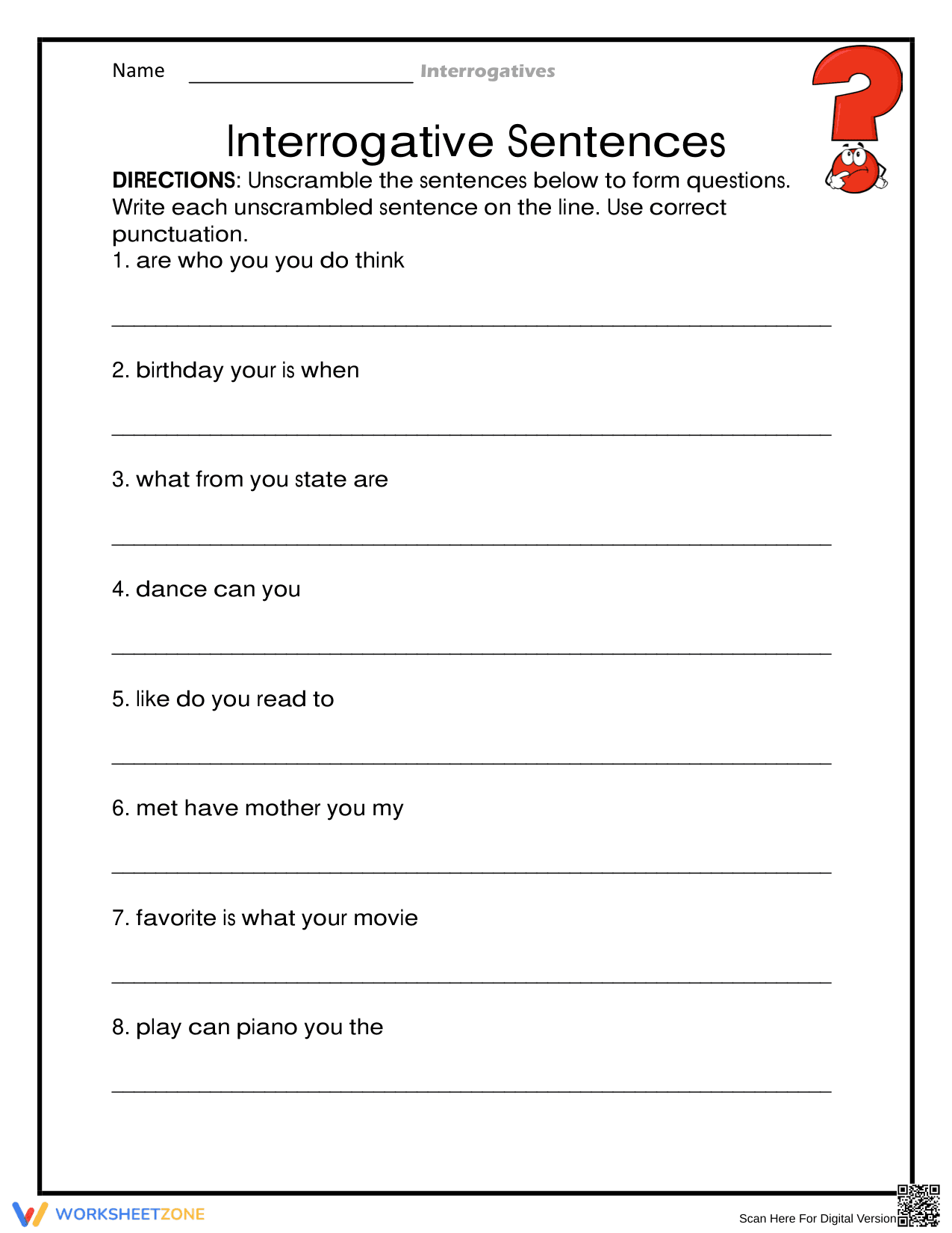 Essential Interrogative Sentences Worksheet | Grades 2-5 - Page 1