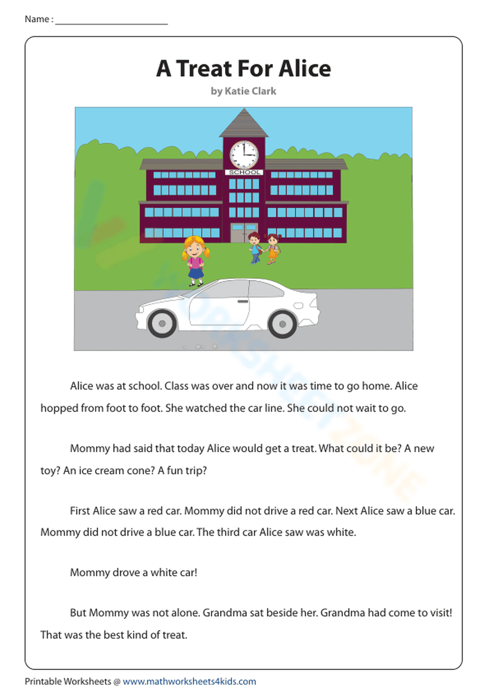 Grade 1-3 A Treat for Alice — Printable No-Prep Worksheet - Page 1