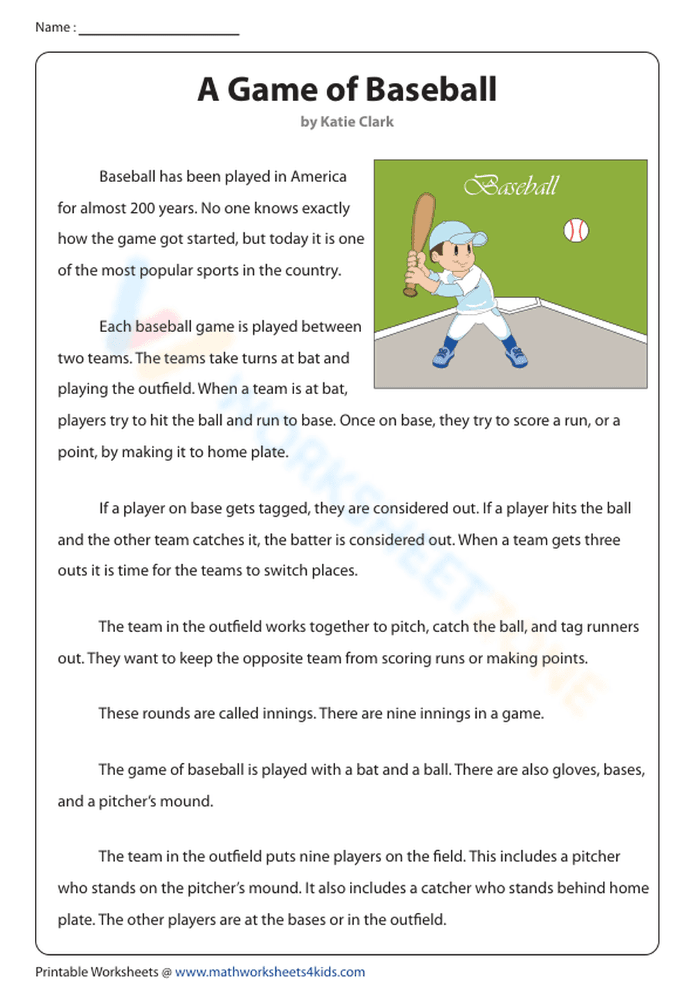 Non-Fiction Reading About A Game of Baseball - Page 1