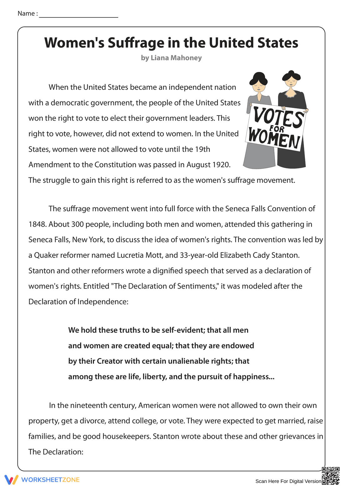 Women's Suffrage Worksheet | Essential Grade 7 Reading - Page 1