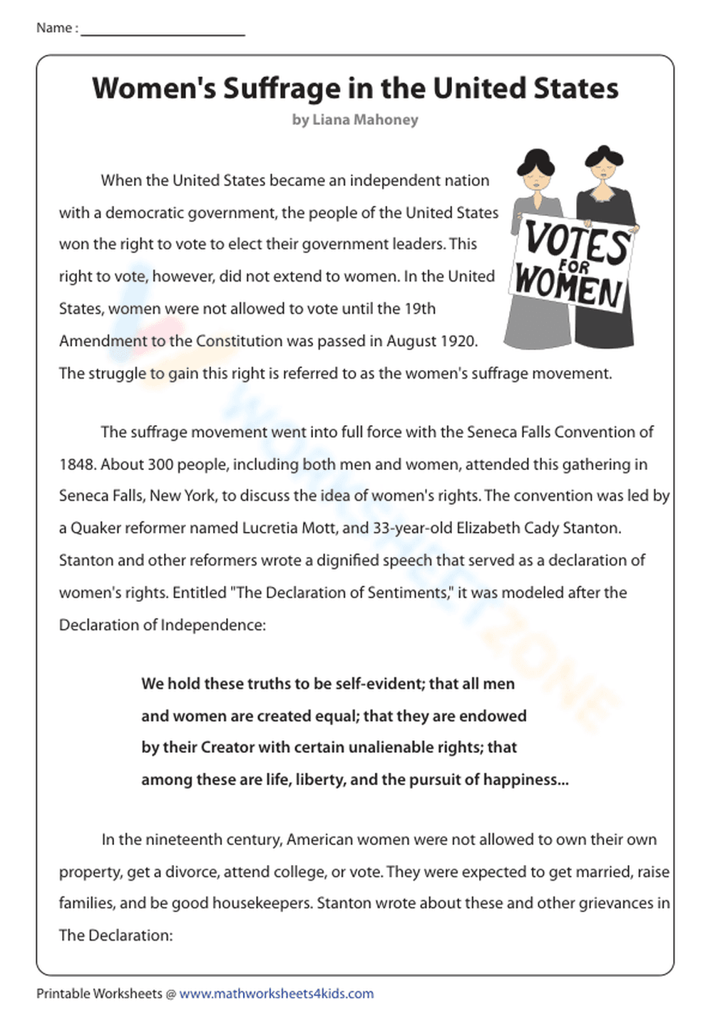 Women's Suffrage Worksheet | Essential Grade 7 Reading - Page 1