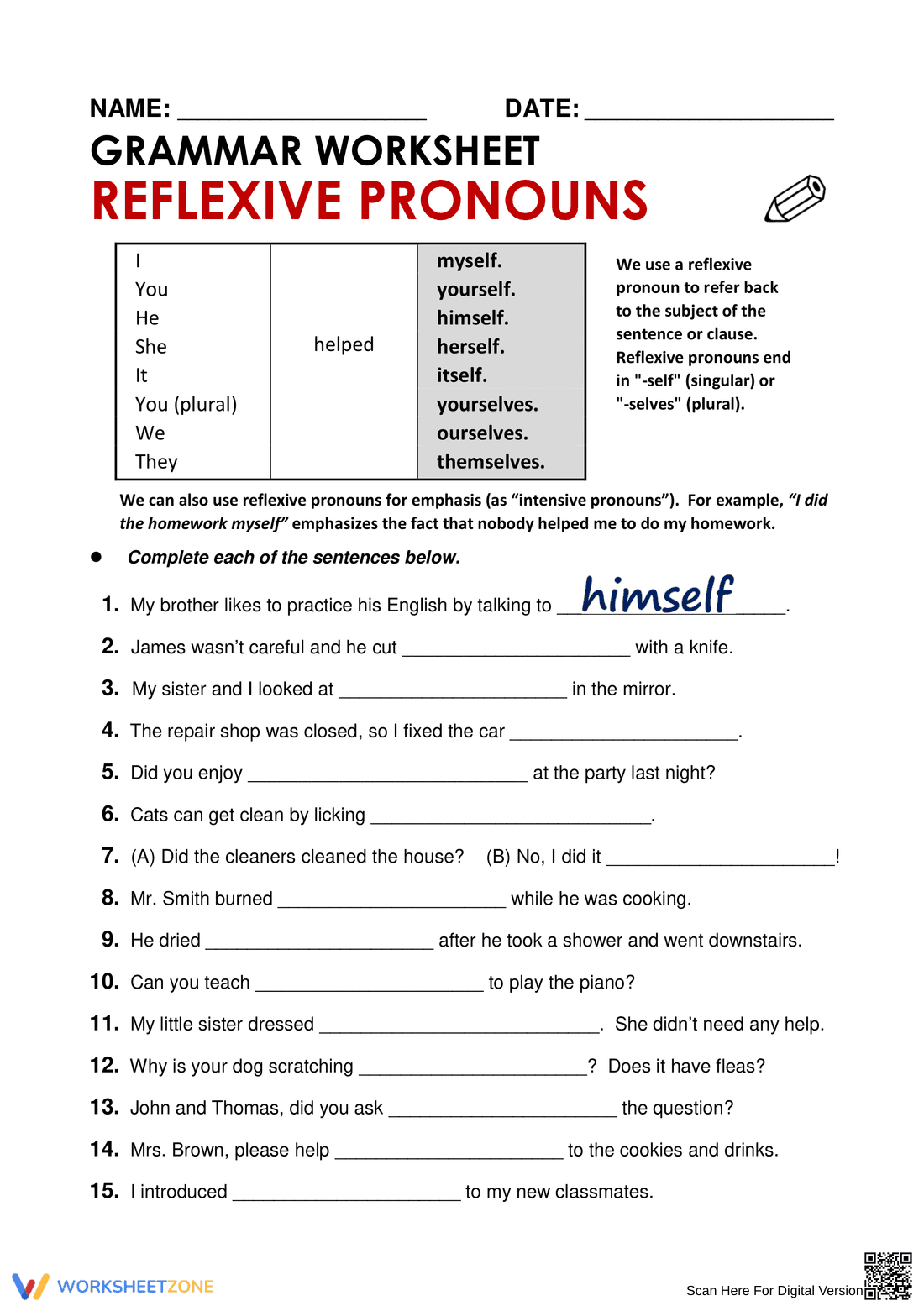 Essential Reflexive Pronouns Worksheet | Grade 2-5 English - Page 1