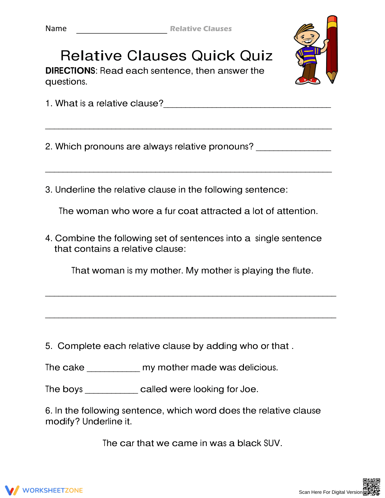 Grade 4 Relative Clauses — Printable No-Prep Worksheet - Page 1