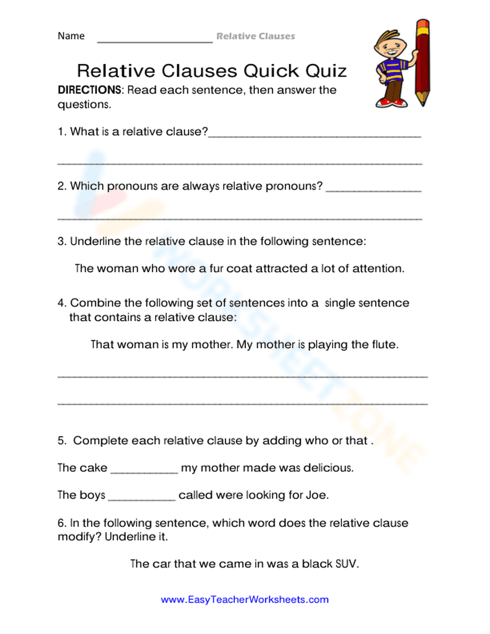Grade 4 Relative Clauses — Printable No-Prep Worksheet - Page 1