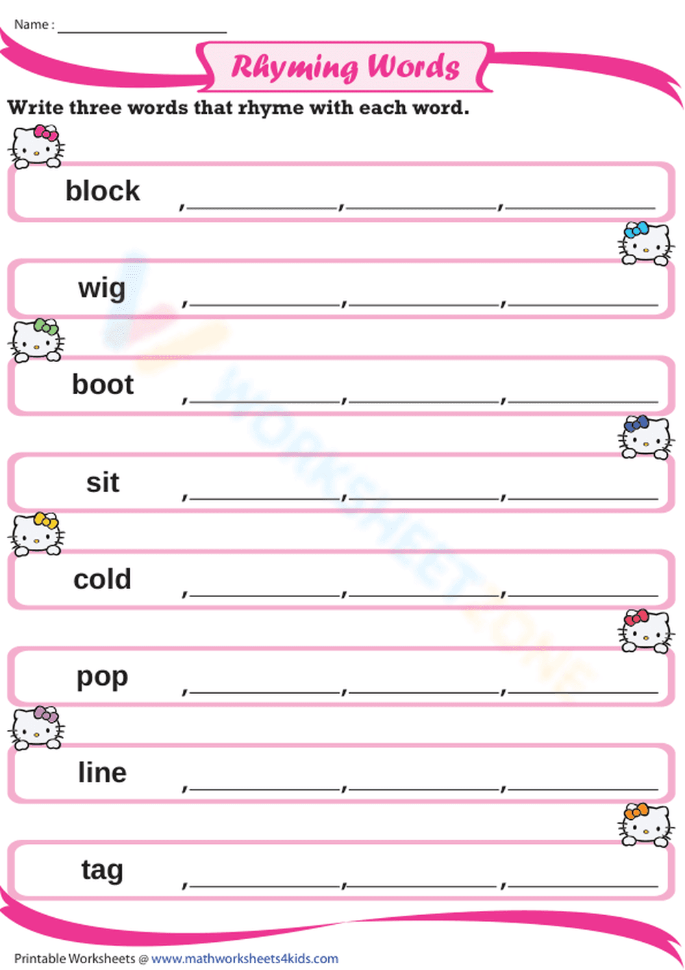 Writing Three Rhyming Words Practice - Page 1