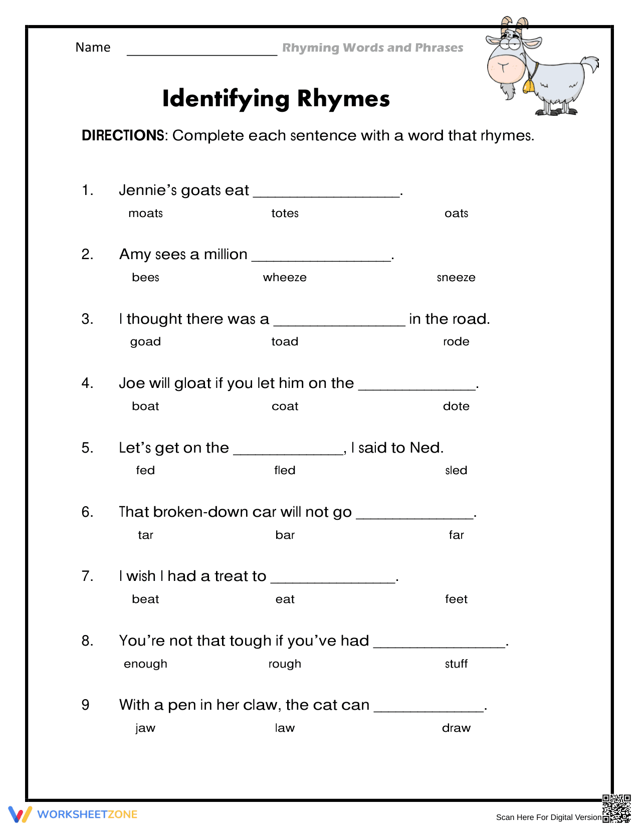Printable Identifying Rhymes Worksheet: Grades 1-3 Phonics - Page 1