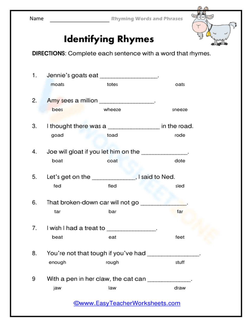 Printable Identifying Rhymes Worksheet: Grades 1-3 Phonics - Page 1
