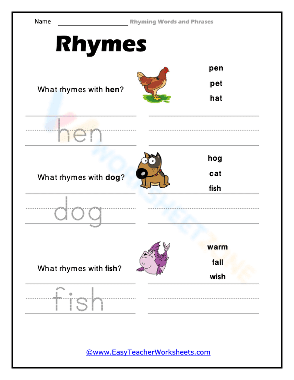 Printable Rhyming Words Worksheet | Grades 1-3 ELA - Page 1
