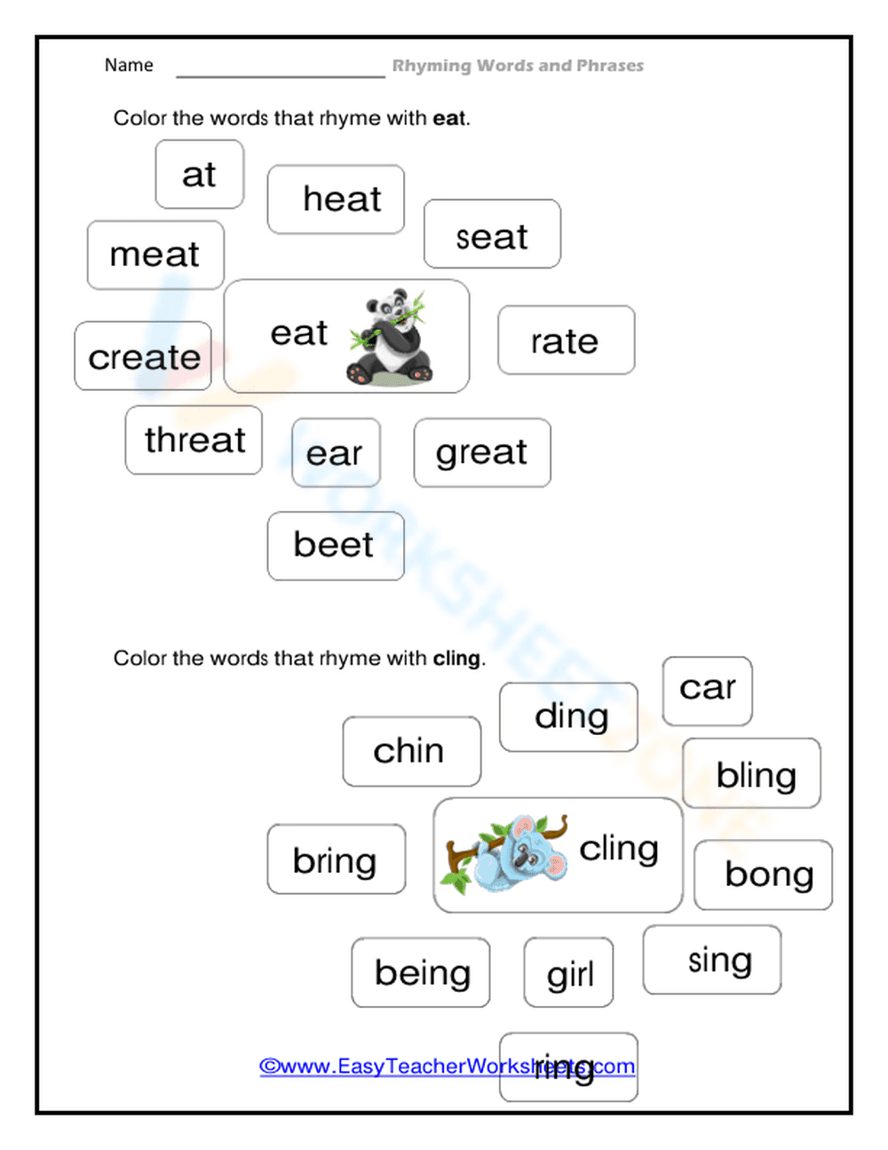 Printable Eat and Cling Rhyming Worksheet | Grade 1 ELA - Page 1