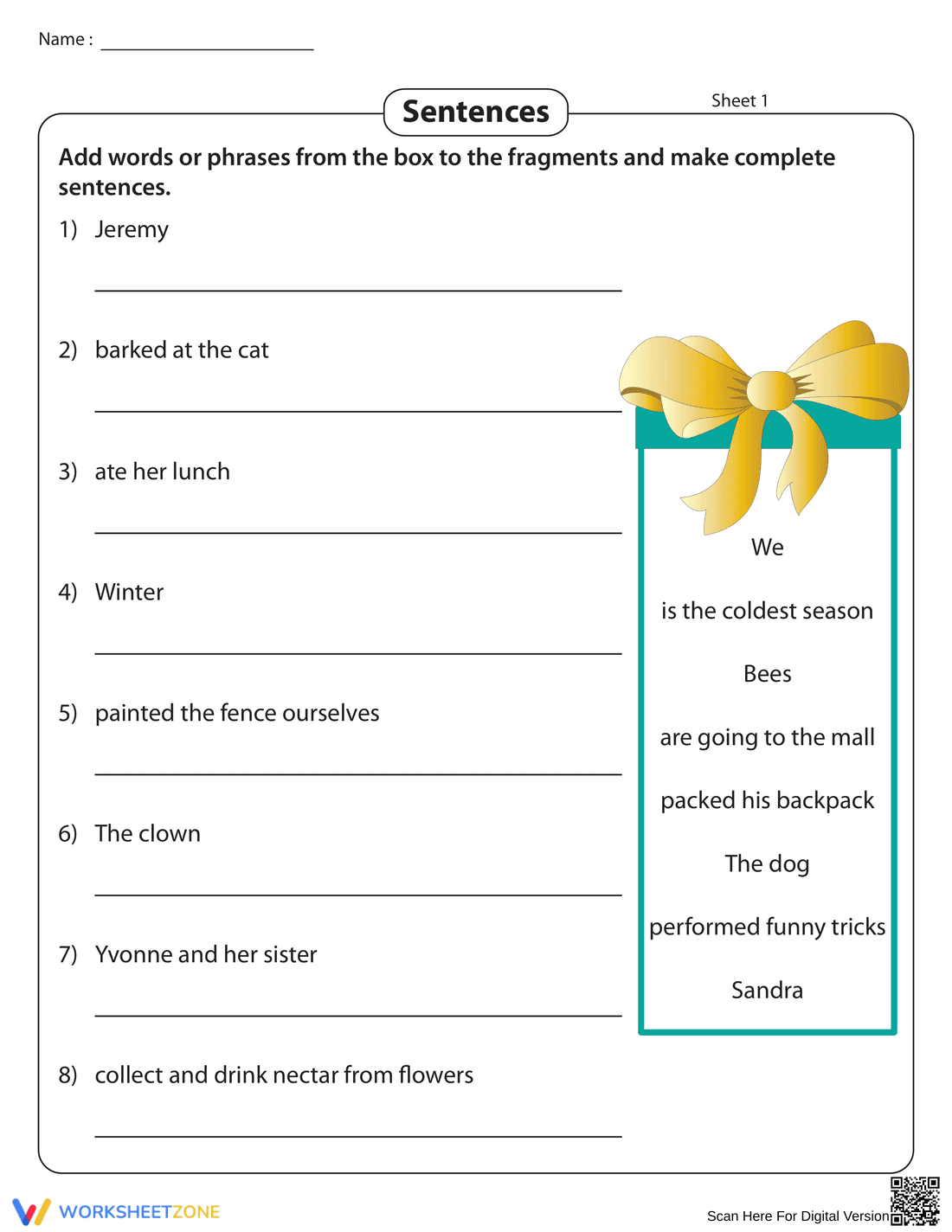 Fragments to Sentences Printable Worksheet | Grade 4 - Page 1