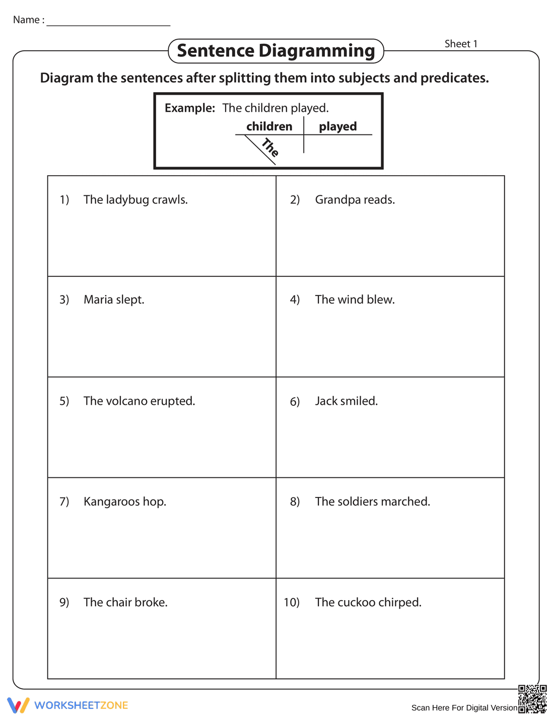 Sentence Diagramming Worksheet | Essential Grade 3 ELA - Page 1