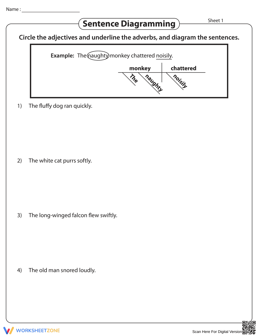 Essential Grade 3 Adjectives & Adverbs Diagramming Worksheet - Page 1