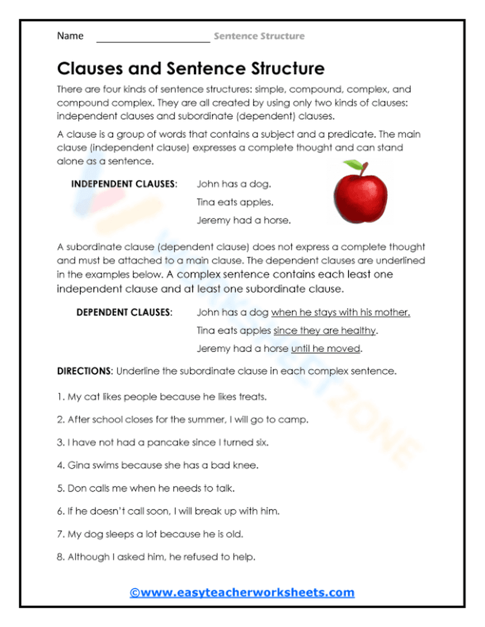 Printable Clauses and Sentence Structure | Grades 3-5 - Page 1