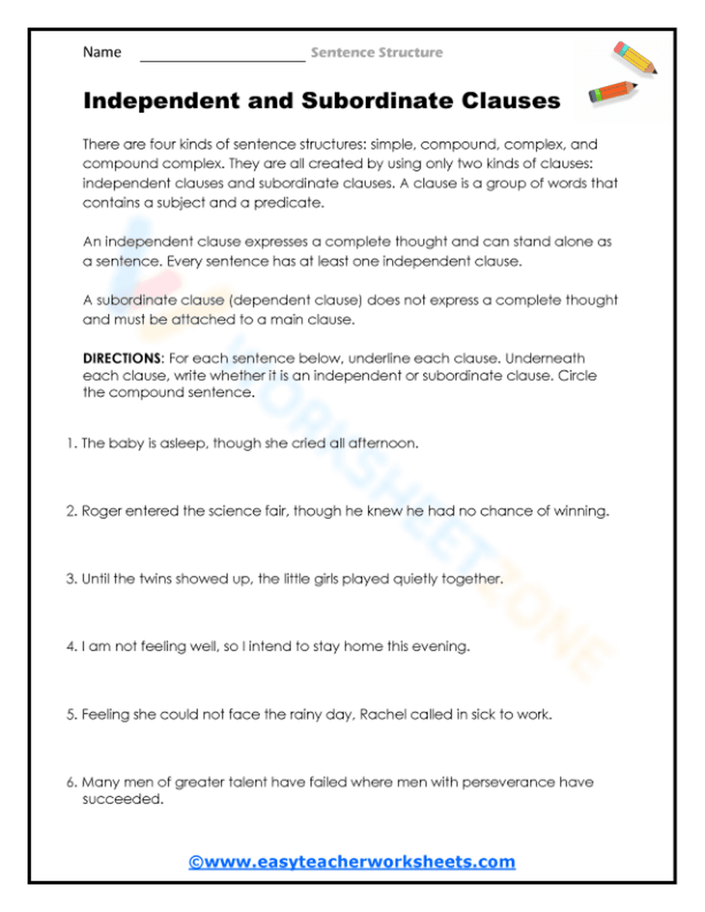 Essential Independent and Subordinate Clauses Worksheet - Page 1