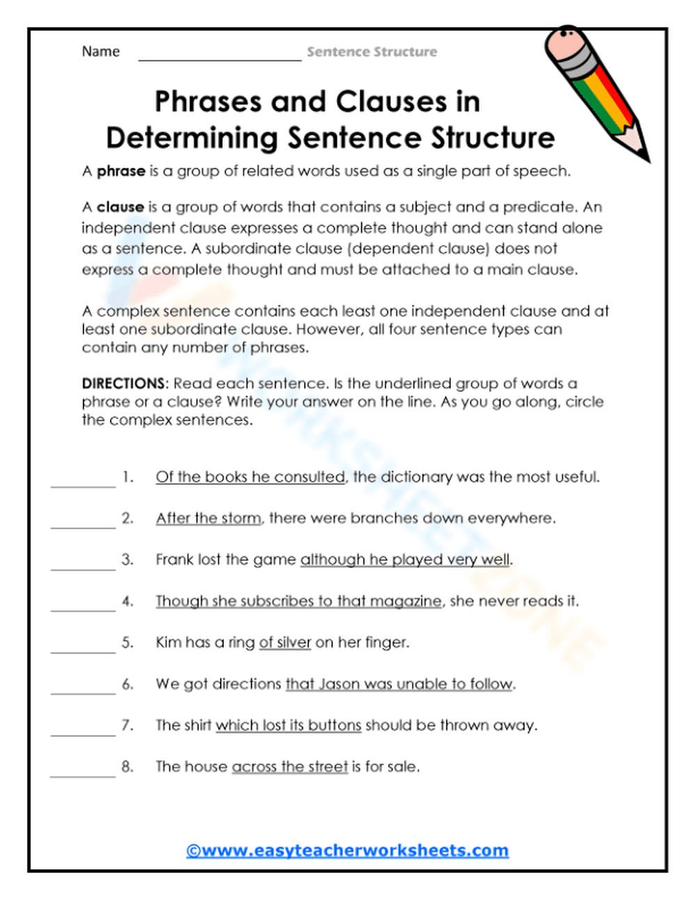 Grade 5 Phrases and Clauses — Printable No-Prep Worksheet - Page 1