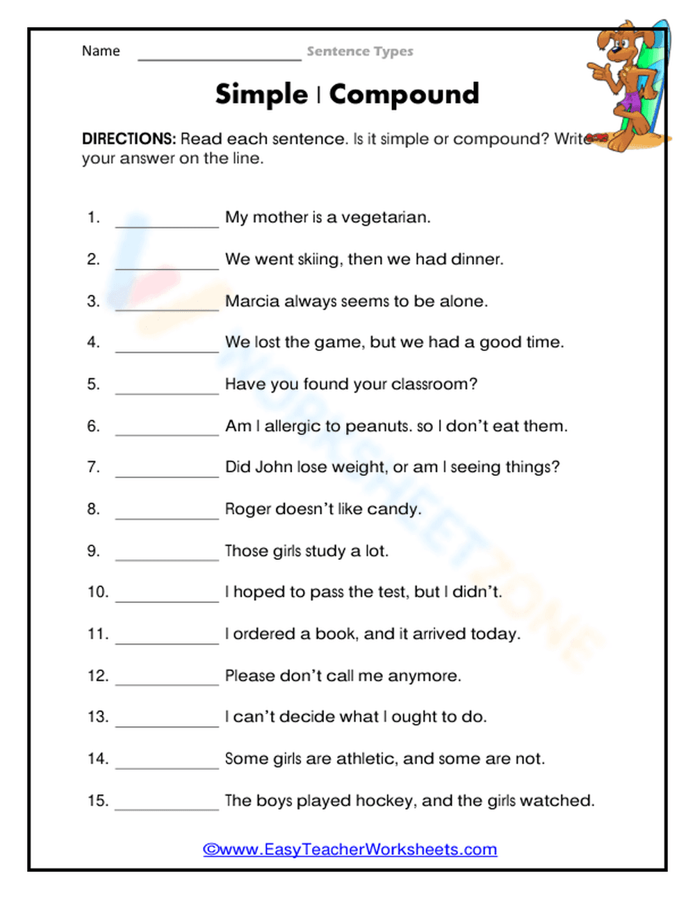 Essential Simple and Compound Sentences Worksheet | Grade 3 - Page 1
