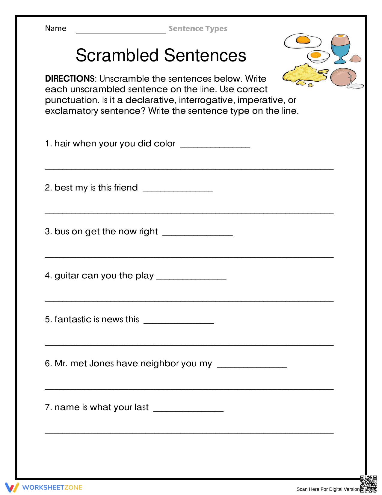 Unscramble Sentences And Identify Sentence Types Worksheet - Page 1