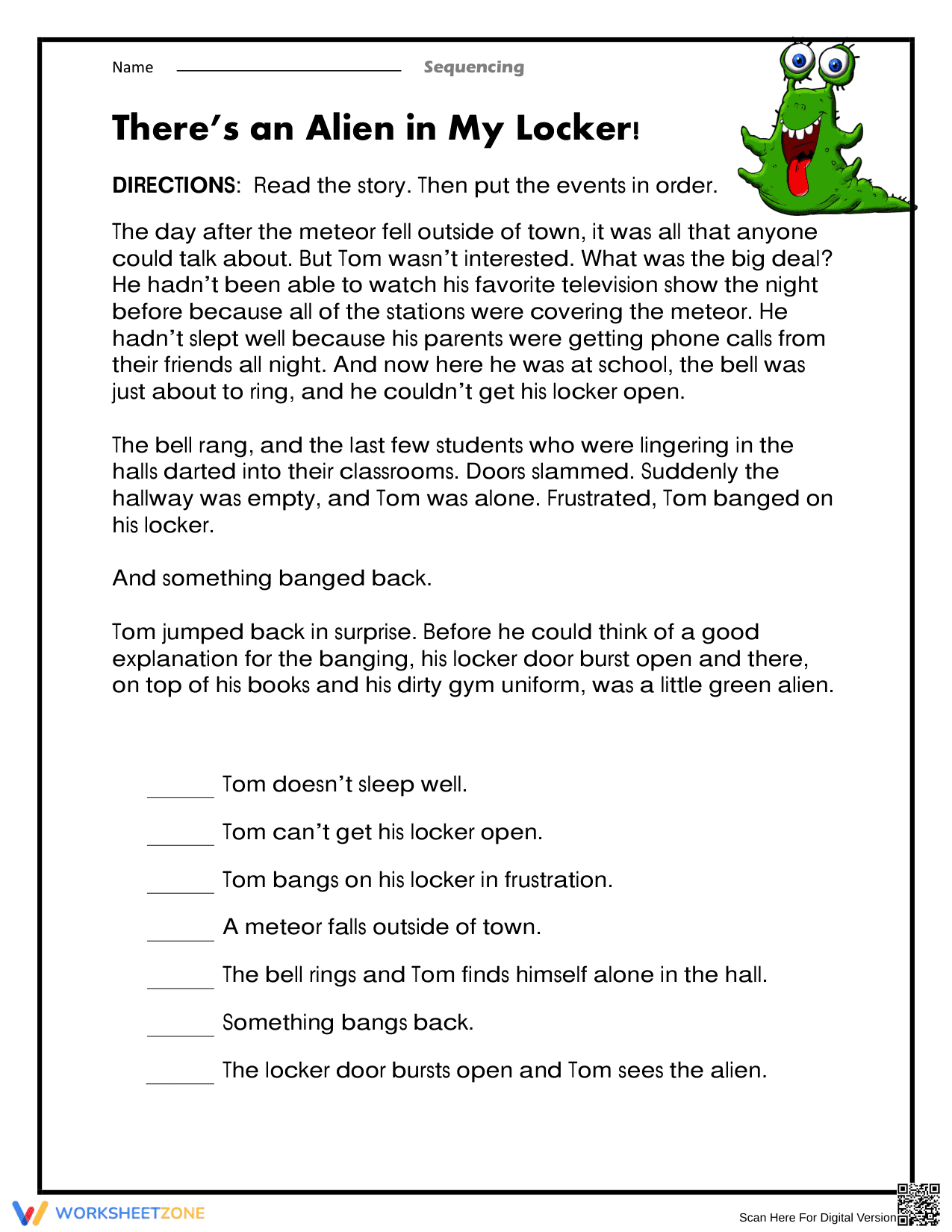 Essential Grade 2 Sequencing Worksheet: Alien Story - Page 1