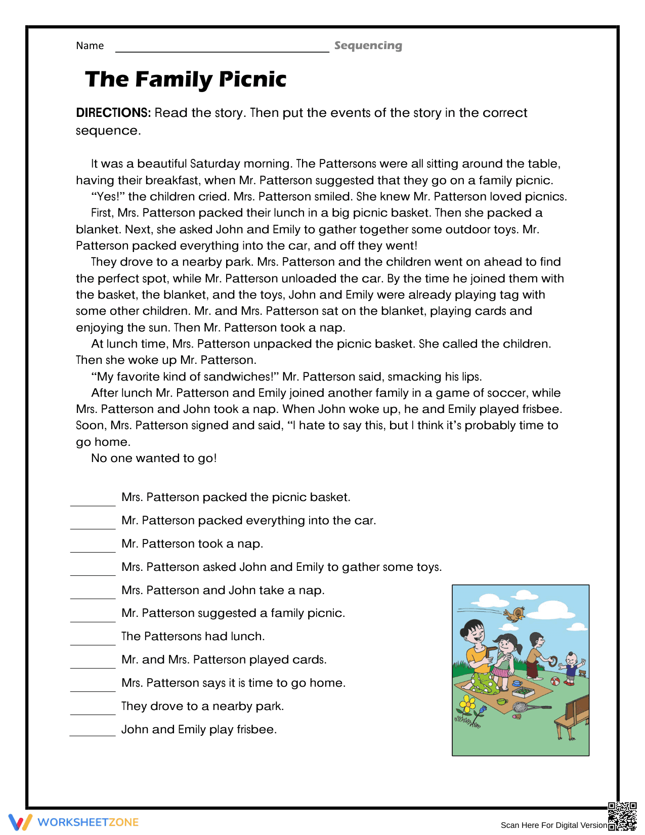 Essential Family Picnic Sequencing Worksheet | Grade 1-2 - Page 1