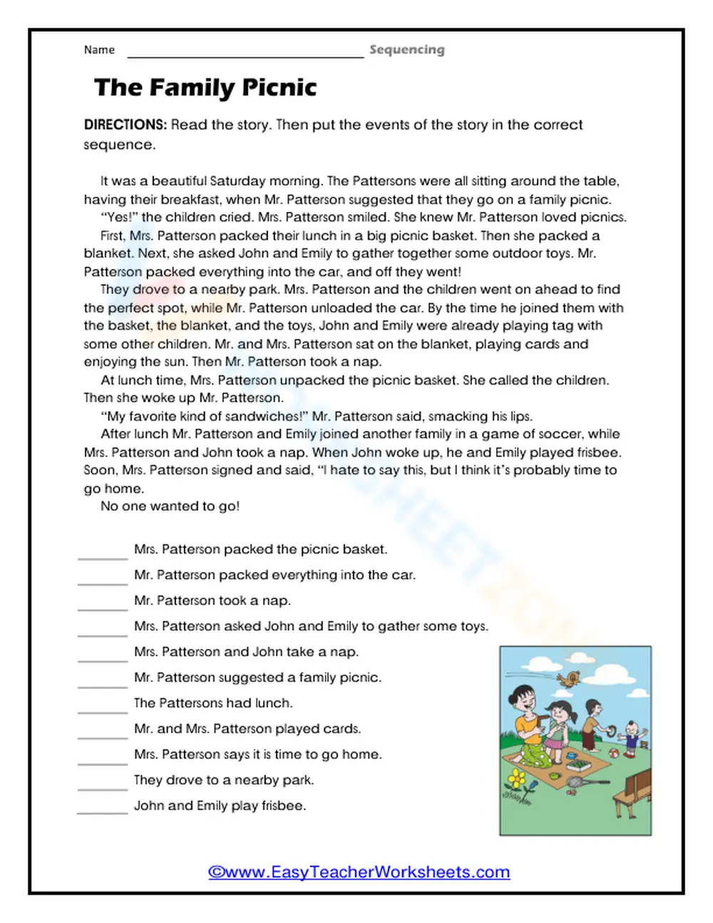 Essential Family Picnic Sequencing Worksheet | Grade 1-2 - Page 1