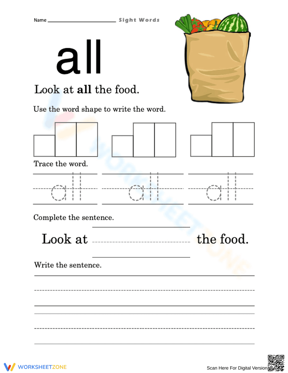 Essential "all" Sight Word Worksheet | Grade 1 ELA - Page 1