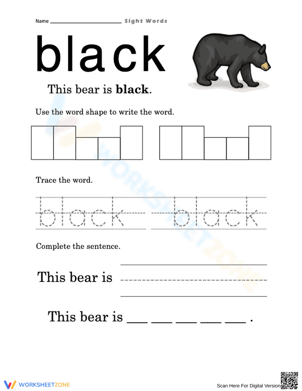 Essential Sight Word "Black" Worksheet | Grade 1 ELA - Page 1