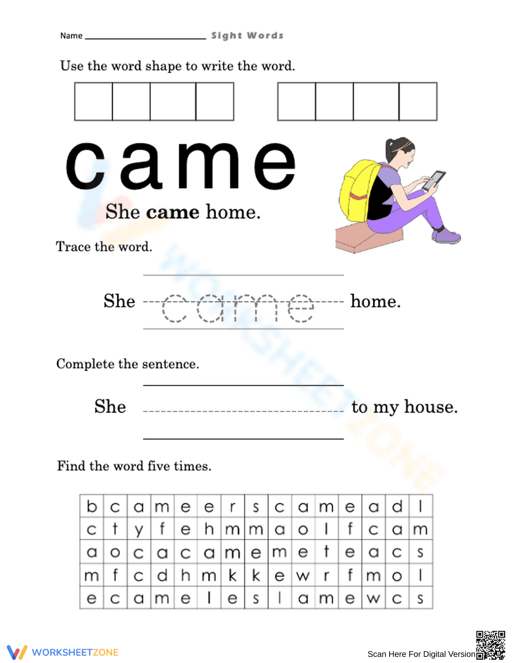 Came Sight Word Worksheet | Grade 1 Essential English - Page 1