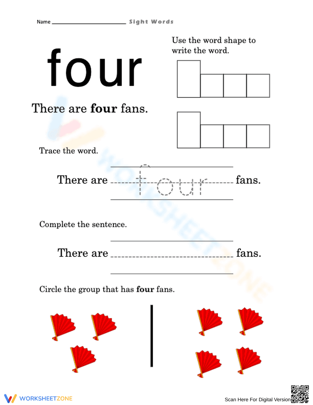 Printable Sight Word "Four" Worksheet | Grade 1 English - Page 1