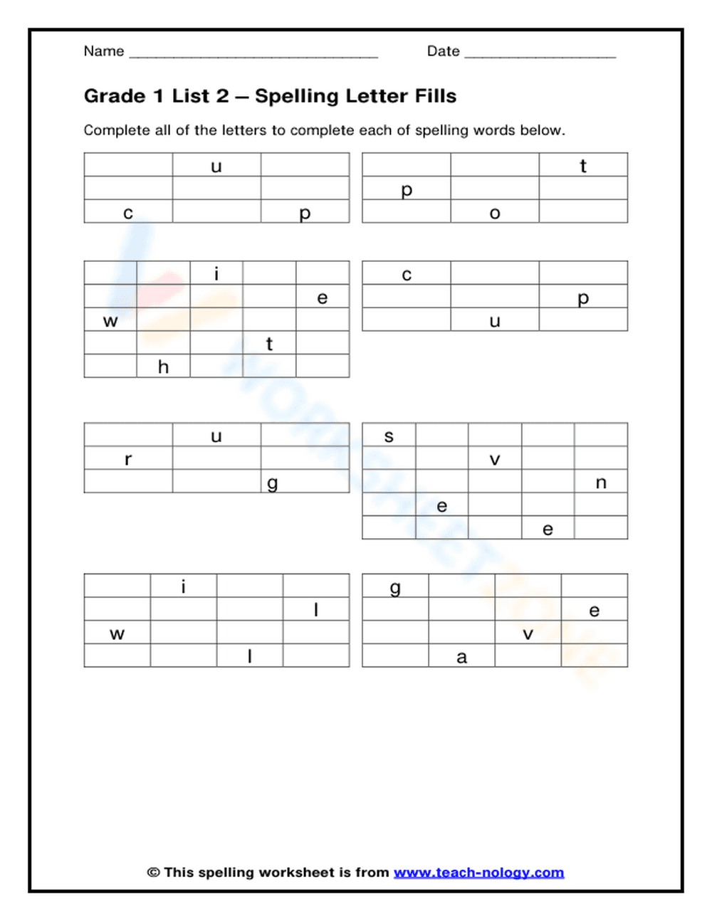 Grade 1 Spelling Letter Fills: Essential Worksheet - Page 1