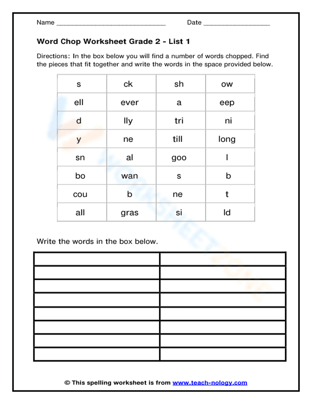 Grade 2 Word Chop — Printable No-Prep Worksheet - Page 1