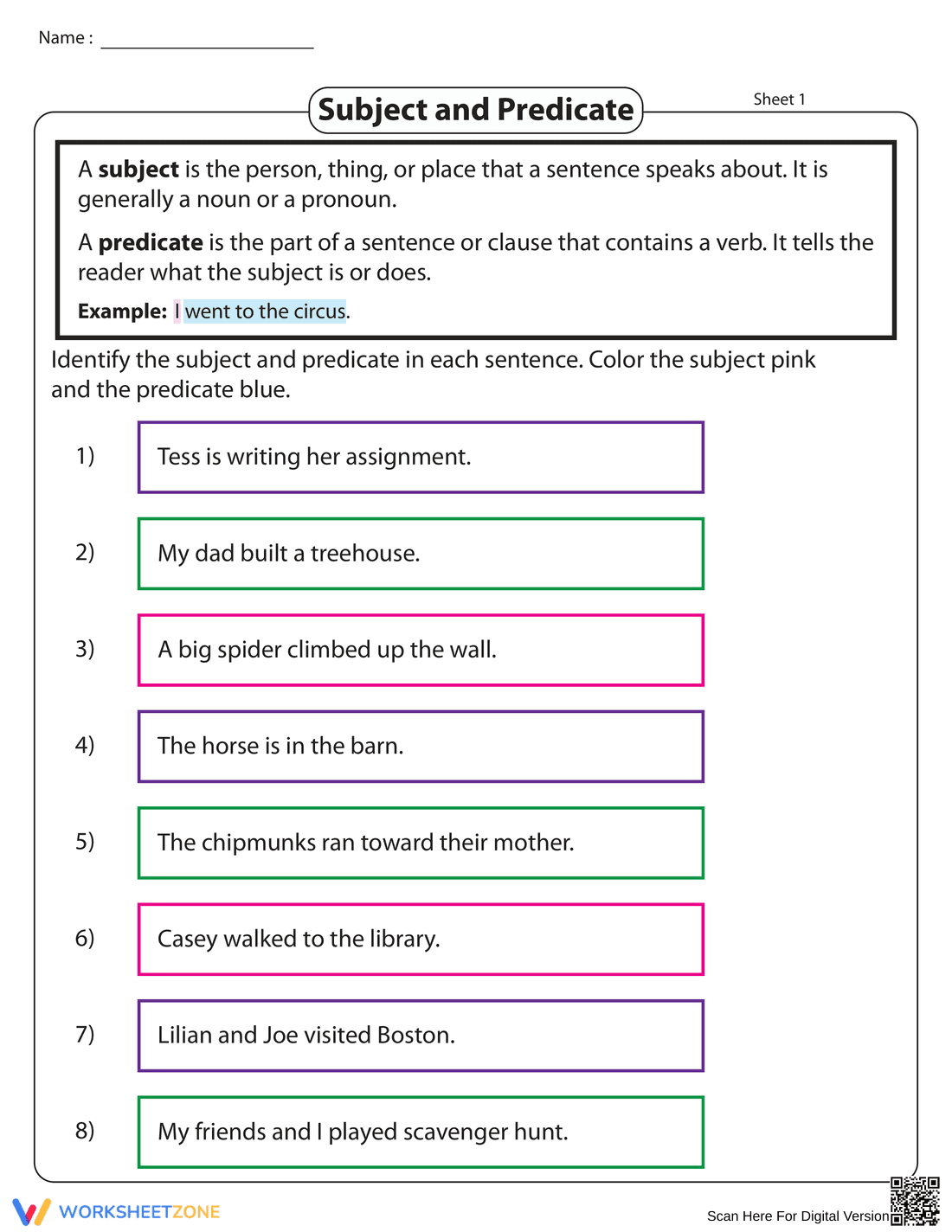 Subject and Predicate Coloring Fun Worksheet - Page 1