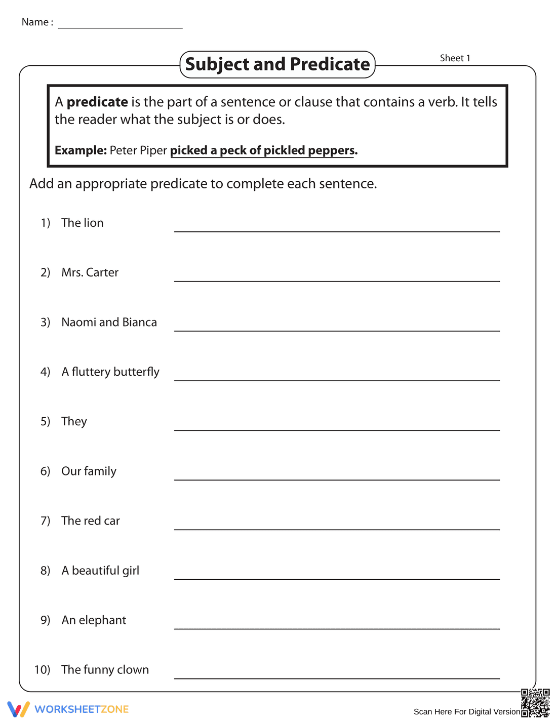 Essential Add the Missing Predicate Worksheet | Grades 2-4 - Page 1