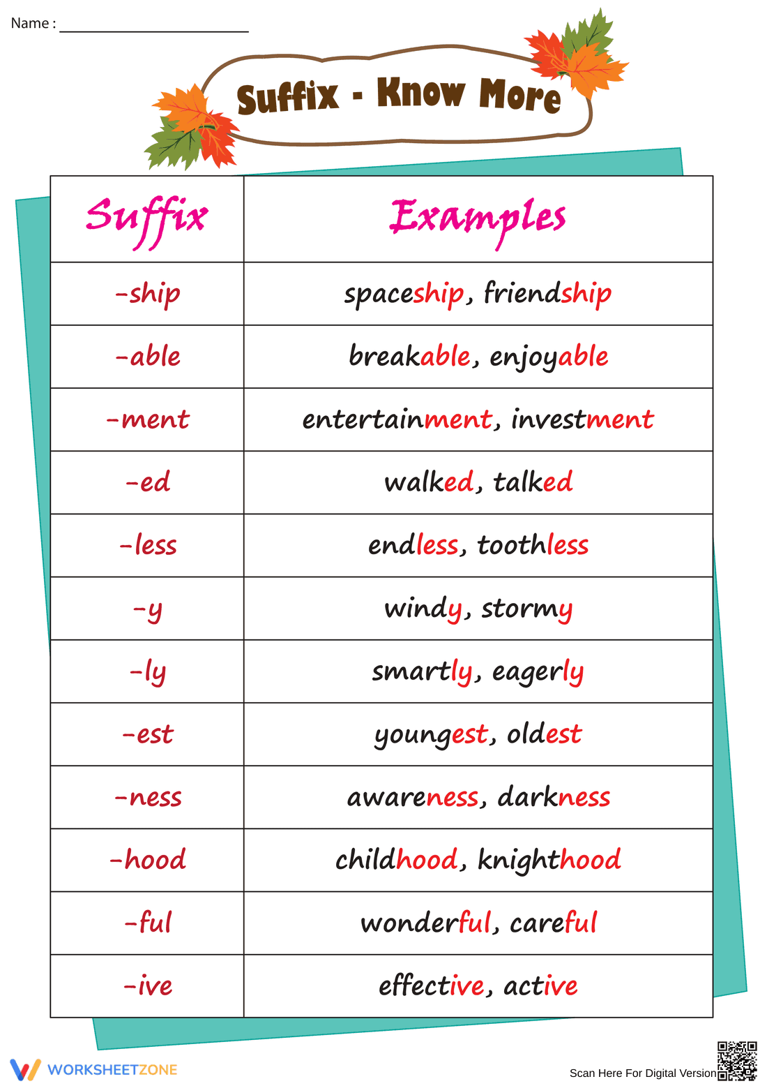 Comprehensive List of Suffixes for Vocabulary - Page 1