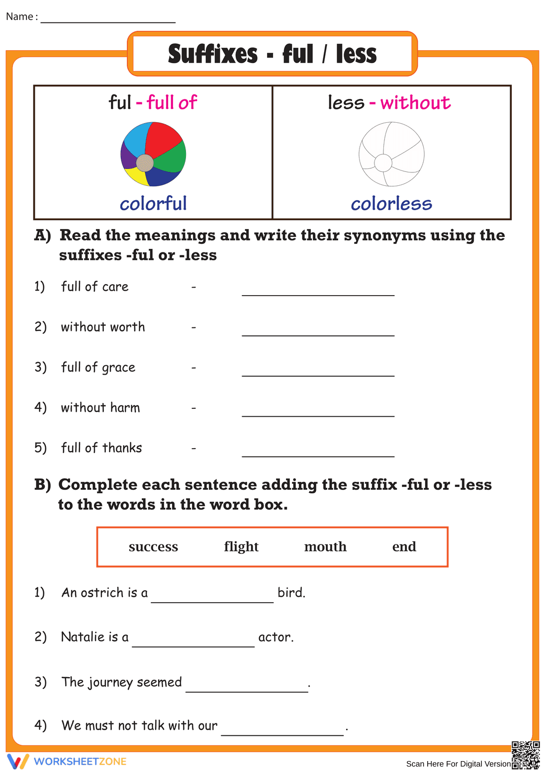 Master Suffixes 'ful' and 'less' - Page 1