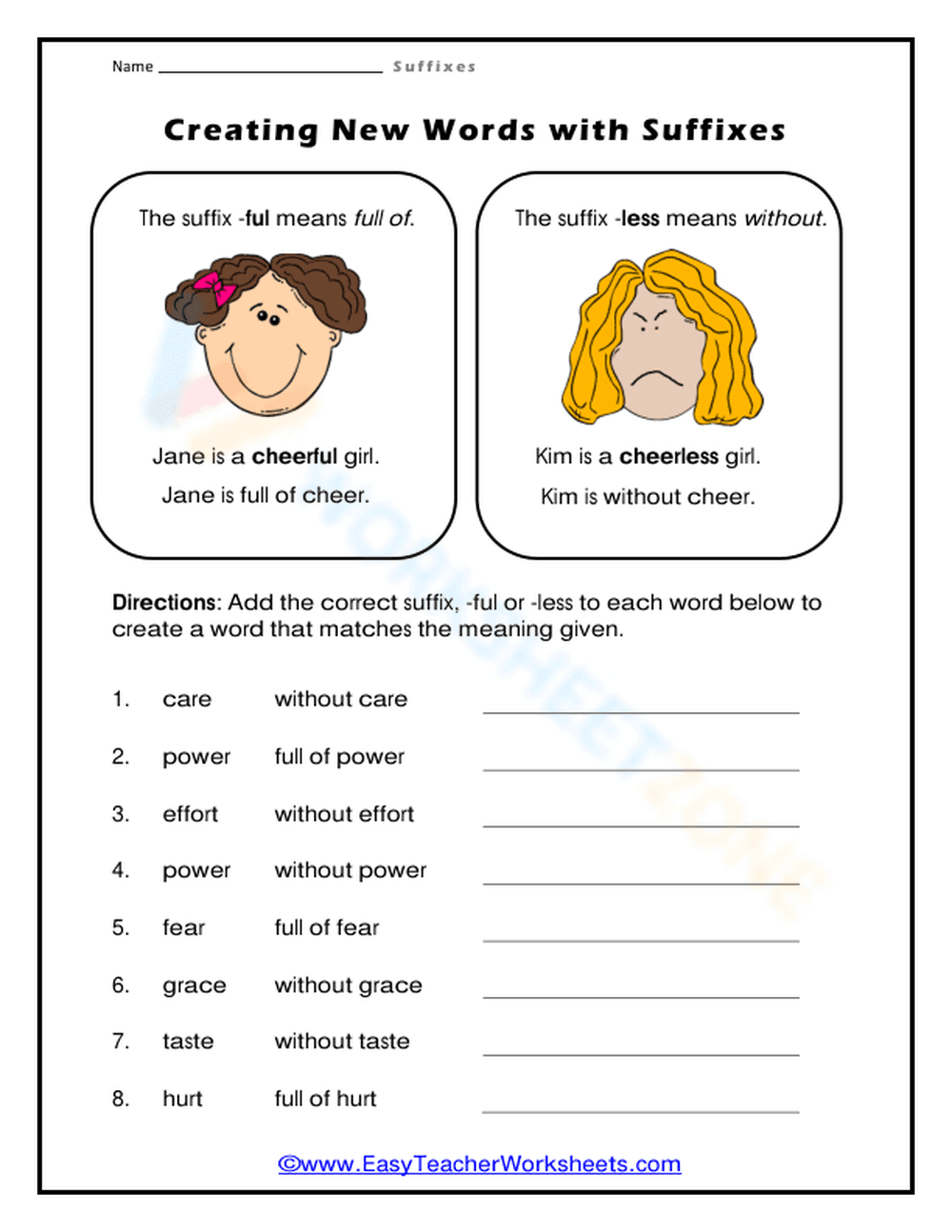 Essential Suffixes -ful and -less Worksheet | Grade 3 - Page 1