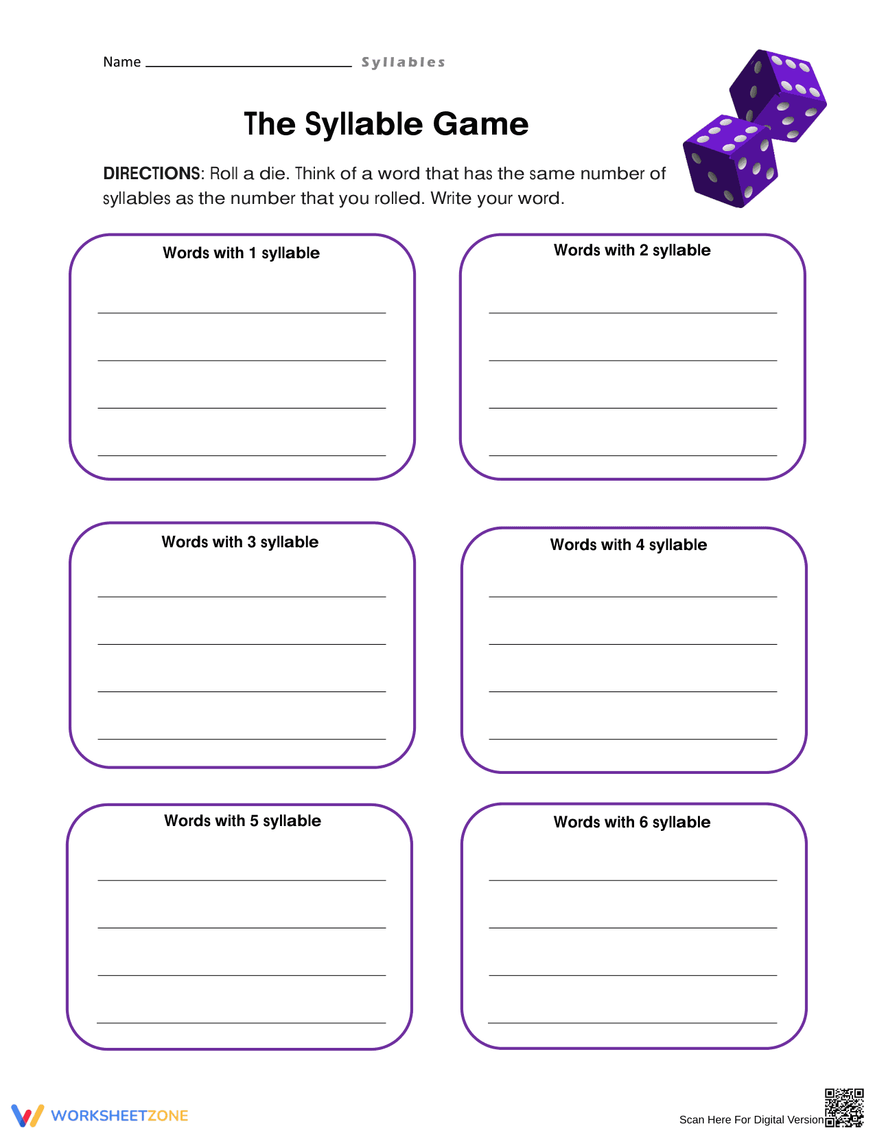Printable Syllable Game Worksheet | Grade 2-3 ELA - Page 1