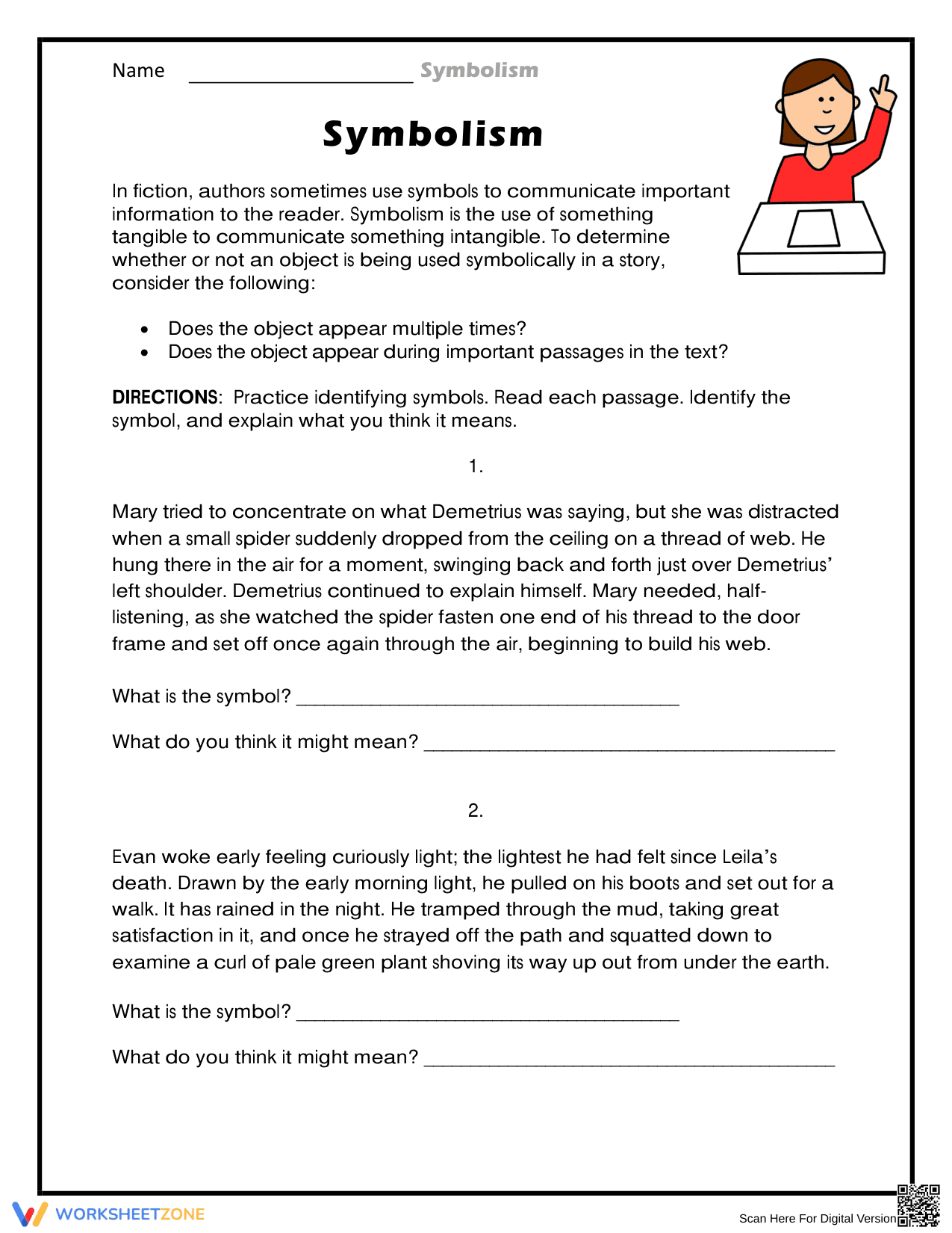Essential Symbolism Practice Worksheet — Grade 8-9 No-Prep - Page 1