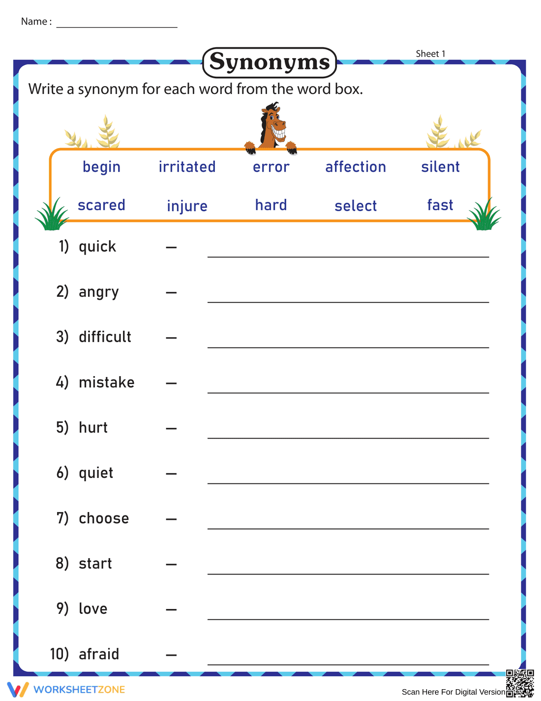 Write Synonyms Using a Word Box - Page 1