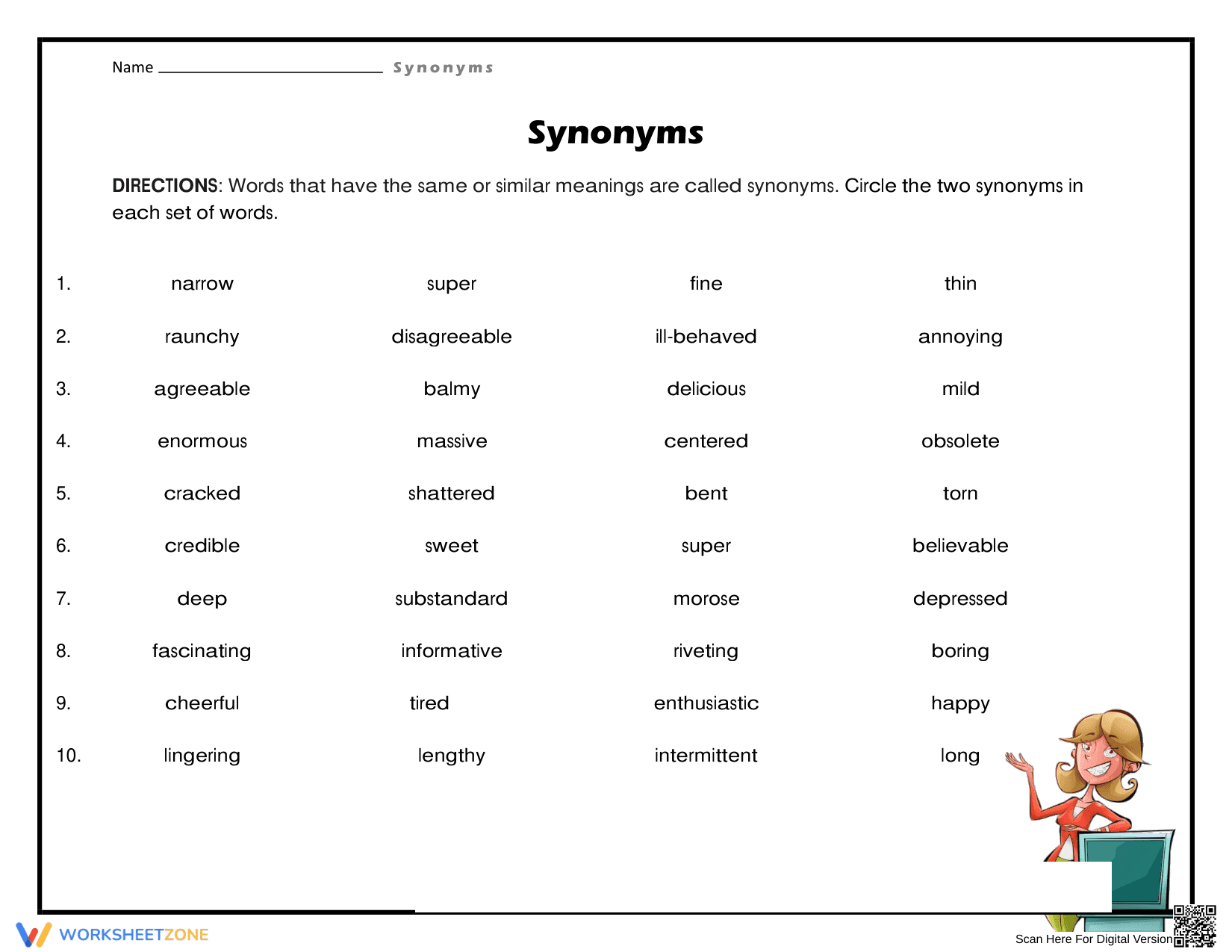 Printable Synonyms Worksheet | Grade 3 Essential Vocabulary - Page 1