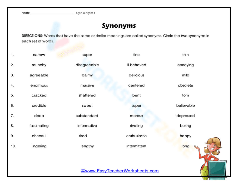 Printable Synonyms Worksheet | Grade 3 Essential Vocabulary - Page 1
