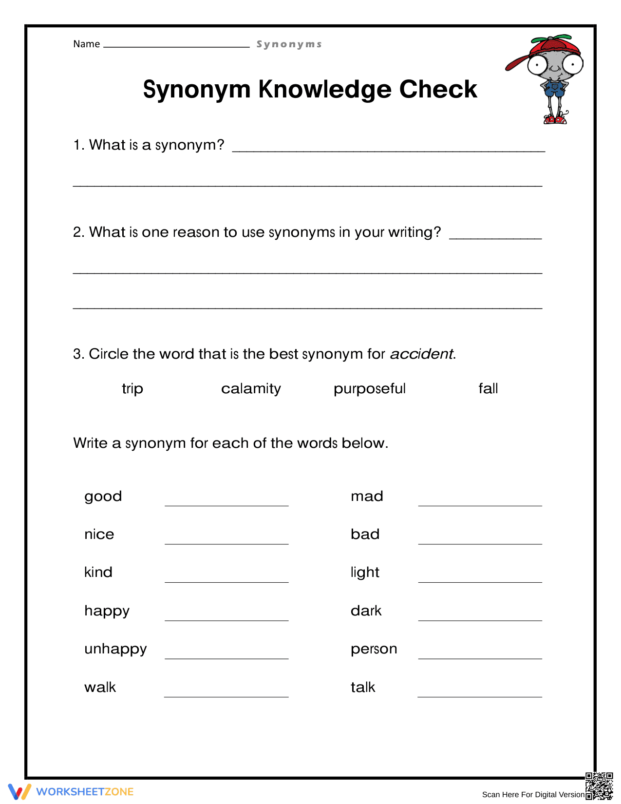 Synonym Knowledge Check Worksheet | Essential Grade 2 ELA - Page 1
