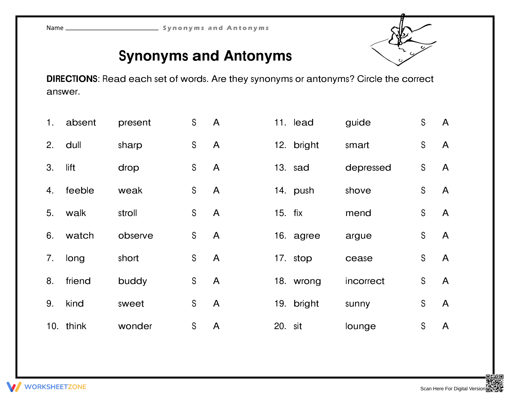 Printable Synonyms and Antonyms Practice — Grade 2 ELA - Page 1