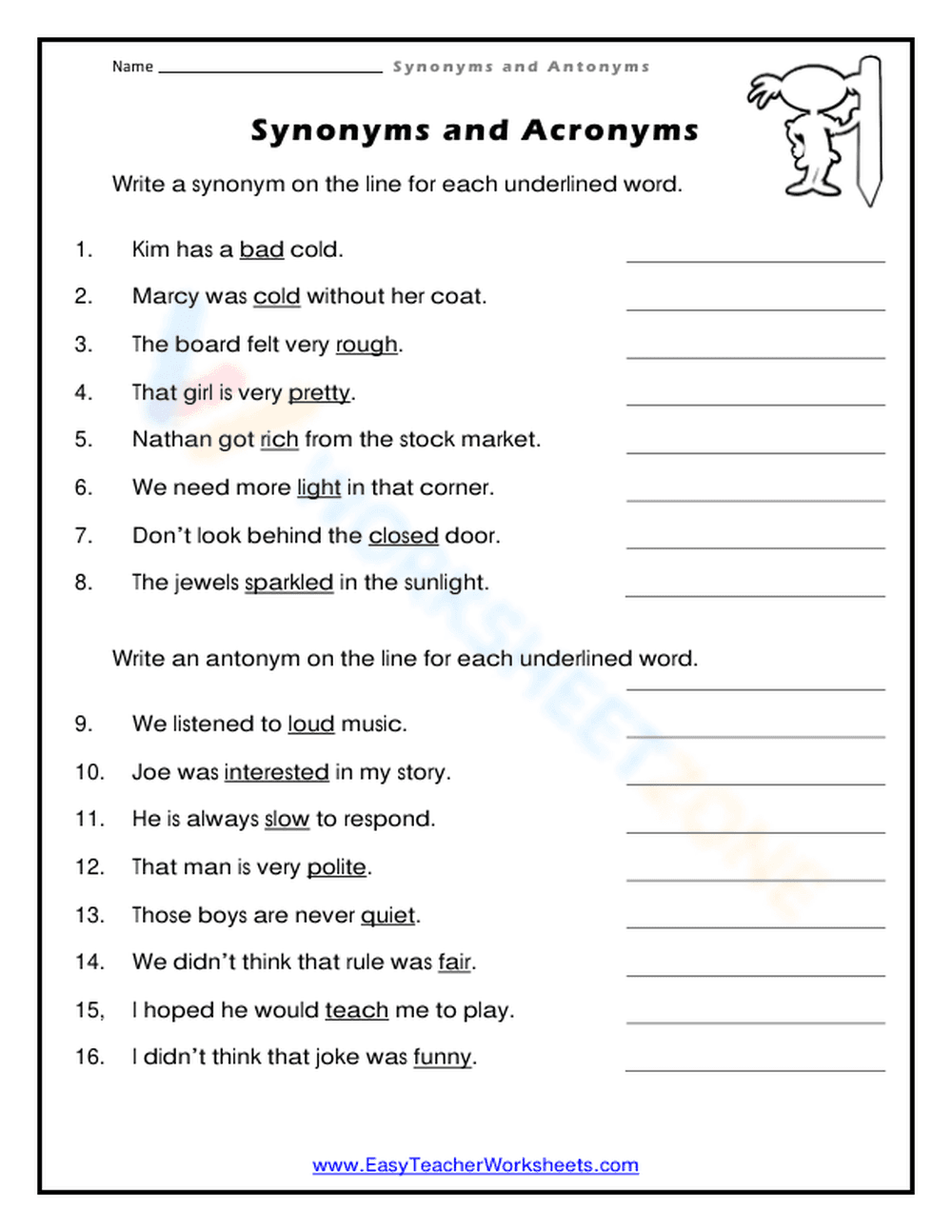 Essential Synonyms and Antonyms Worksheet | Grade 2-3 - Page 1