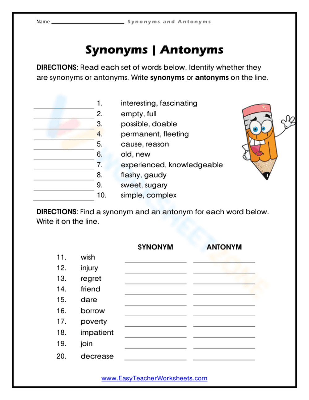 Essential Synonyms and Antonyms Worksheet | Grade 3 - Page 1