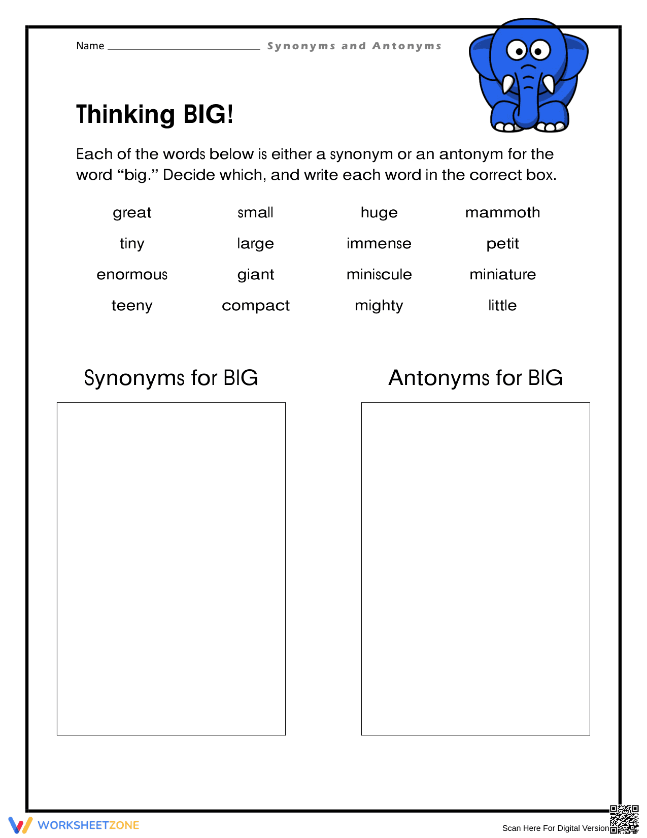Thinking BIG! Synonyms and Antonyms | Essential Grade 2 - Page 1