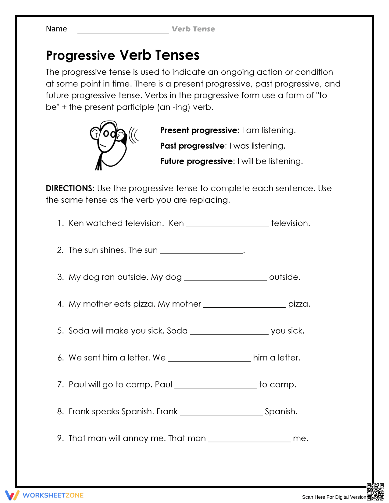 Printable Grade 4 Progressive Verb Tenses Worksheet - Page 1