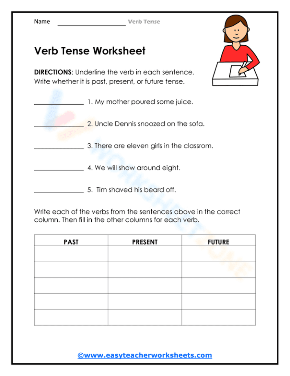 Grade 3 Verb Tense — Printable No-Prep Worksheet - Page 1