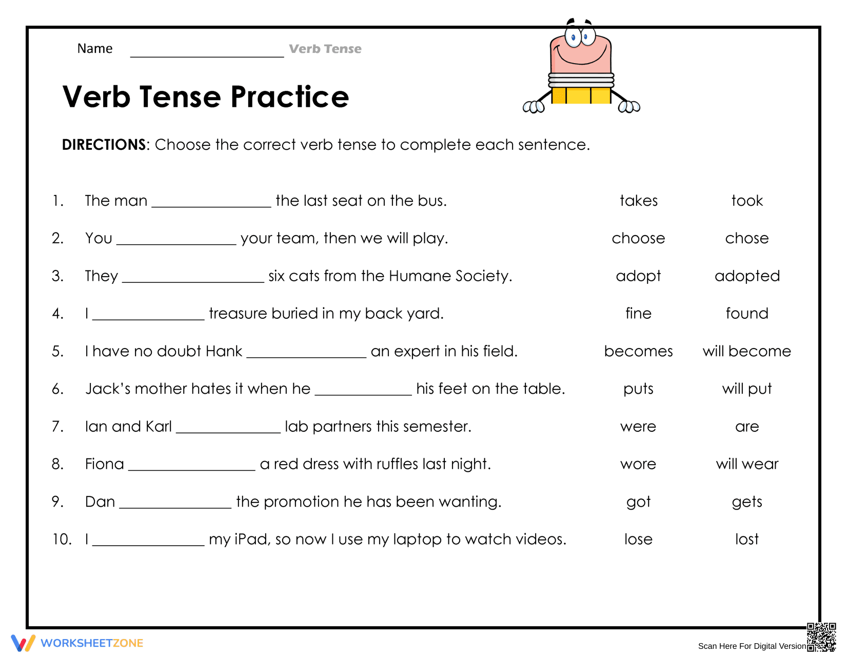 Printable Verb Tense Practice Worksheet | Grade 2-4 ELA - Page 1