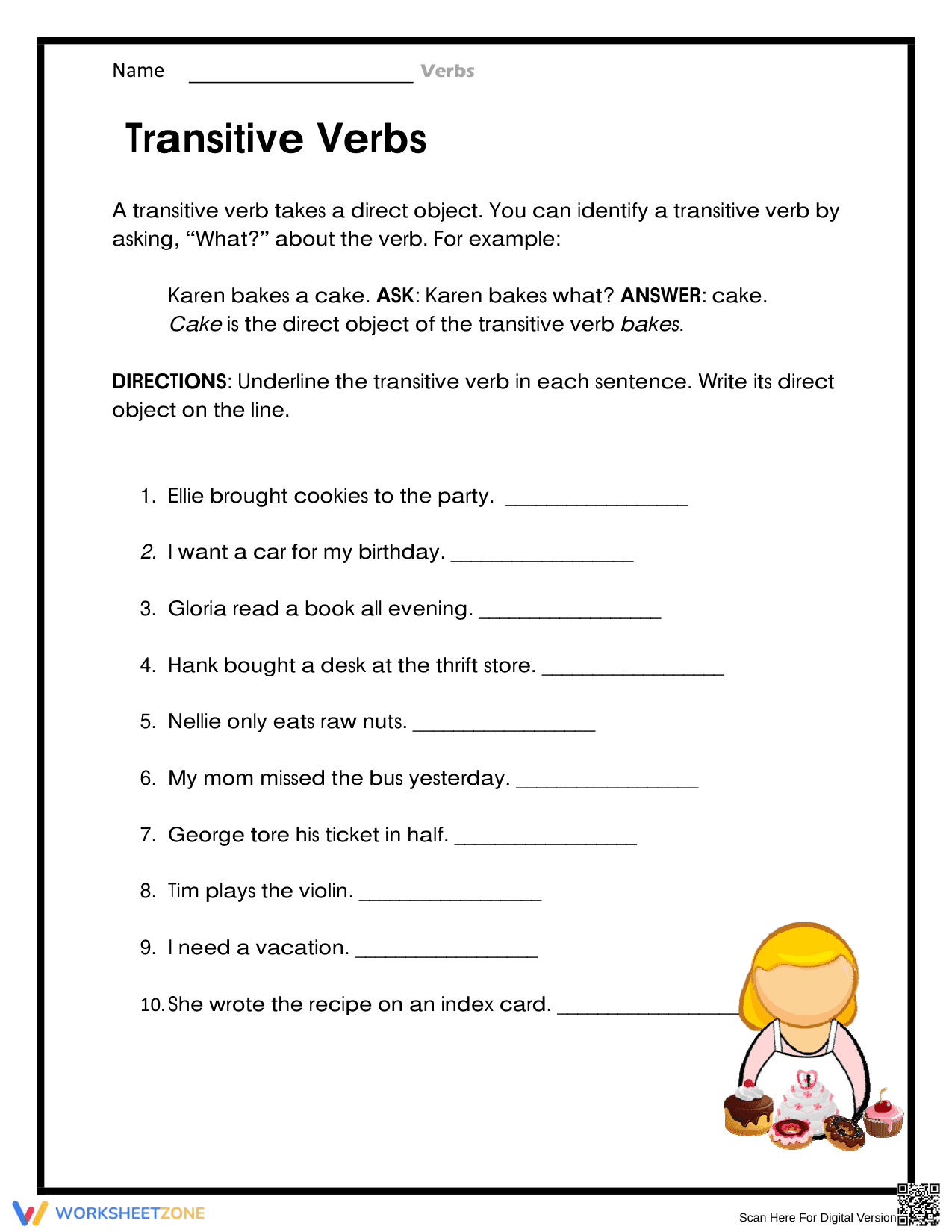 Grade 4-6 Transitive Verbs — Printable No-Prep Worksheet - Page 1
