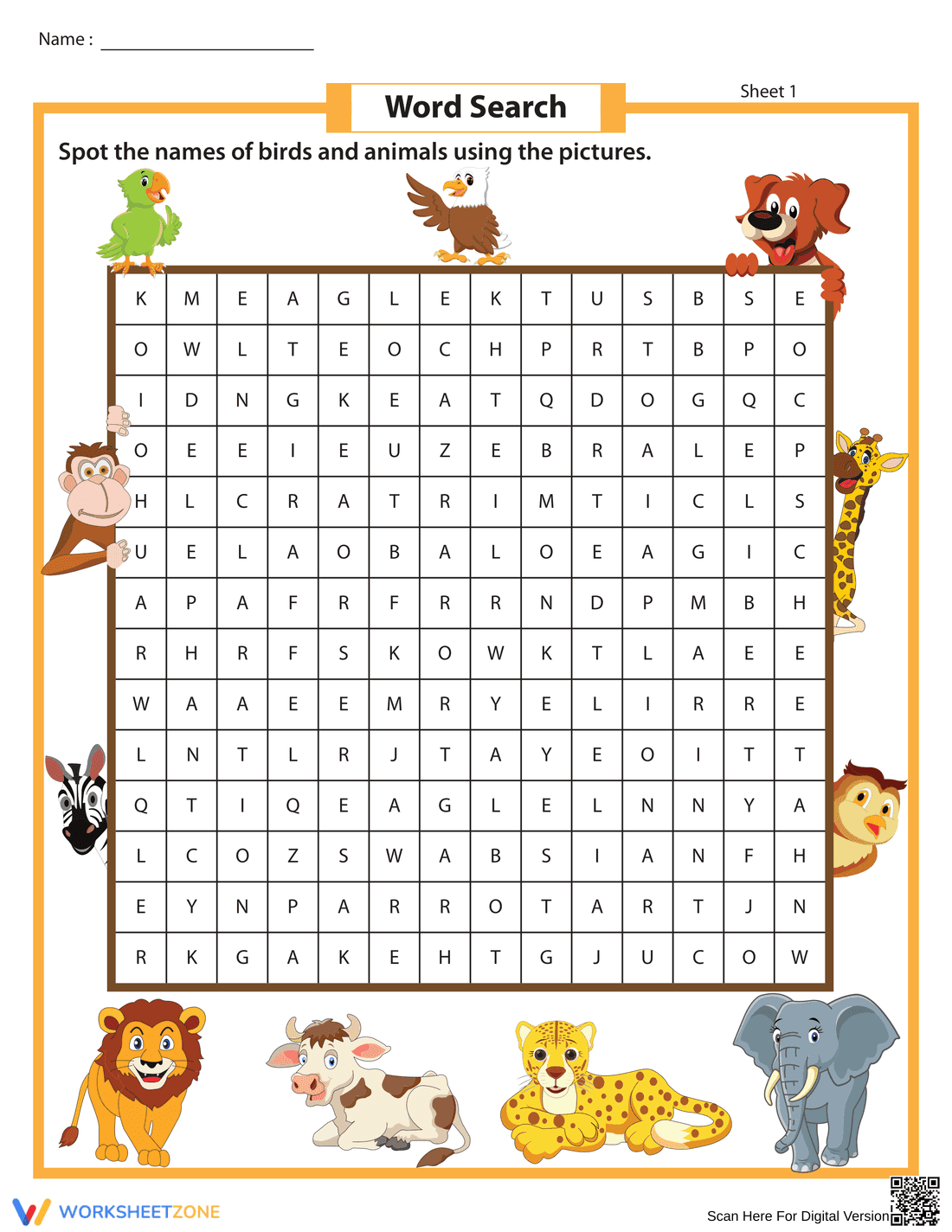 Animals & Birds Word Search - Find 12 Hidden Words! - Page 1